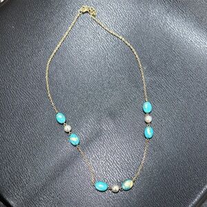 Gold Chain Necklace with Turquoise Beads and Pearls